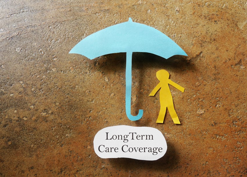 Collage of a person and umbrella with 'long-term care coverage' text