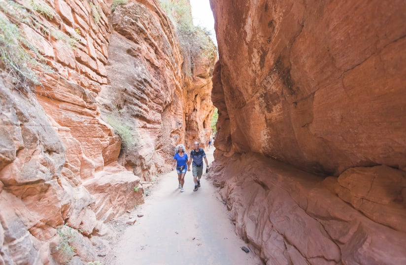 Healthy senior couple hiking between narrow canyon walls, illustrating senior travel trends towards adventurous activities.