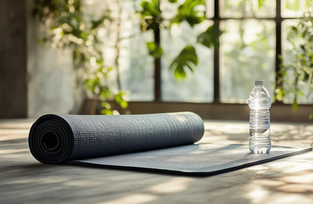 Yoga mat and water bottle, representing the fitness partnership at The Cedars of Chapel Hill.